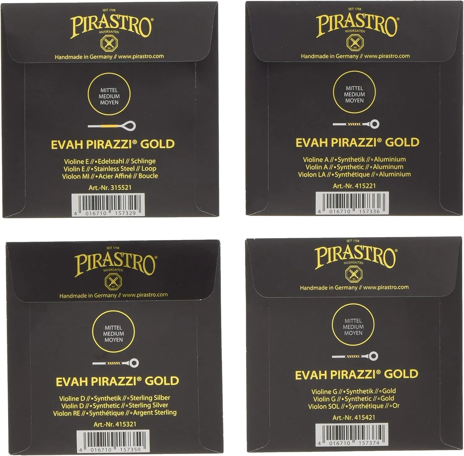 EVAH PIRAZZI GOLD Eva Pilazzi Gold Violin String Set (G Wire Gold) (E Wire Loop End)