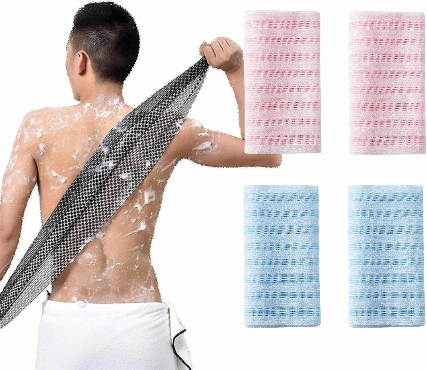 Exfoliating Shower Towel 4pcs - 40 Inches Multi-Purpose Exfoliating & Lathering Bath Towel for Men & Women, Ultra-Long Foam Scrubber for Smooth Skin Care (4pcs C)