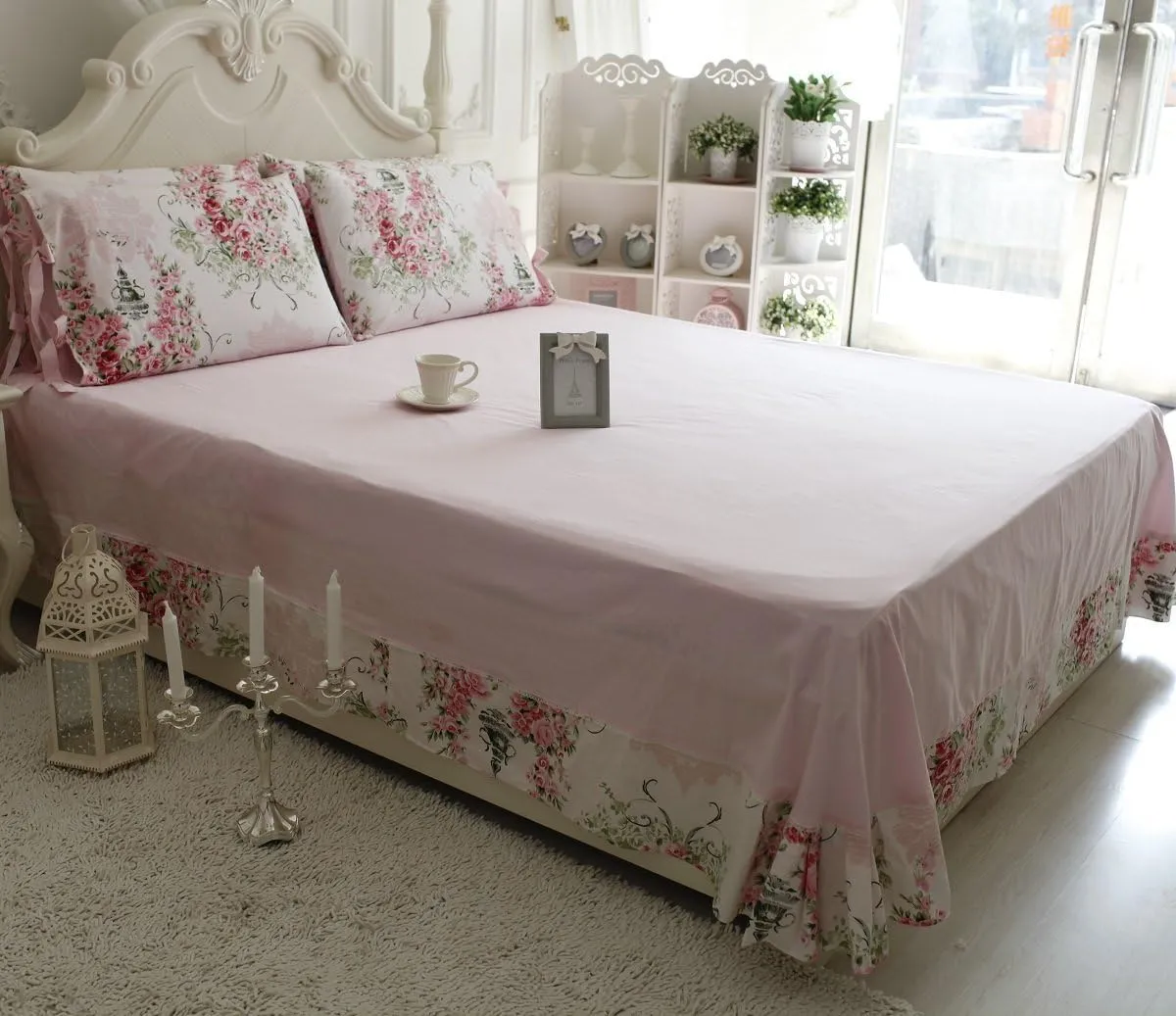 FADFAY Shabby Floral Bedding Set Full Size Sheet Set 4 Piece Premium 100% Cotton Pink Rose Pattern :1 Deep Pocket Fitted Sheet, 1Flat Sheet, 2 Pillowcases (Standard Size)