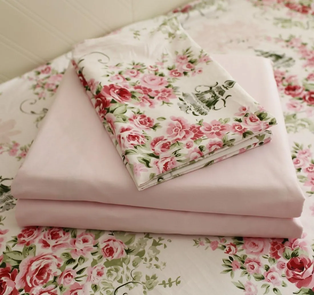 FADFAY Shabby Floral Bedding Set Full Size Sheet Set 4 Piece Premium 100% Cotton Pink Rose Pattern :1 Deep Pocket Fitted Sheet, 1Flat Sheet, 2 Pillowcases (Standard Size)