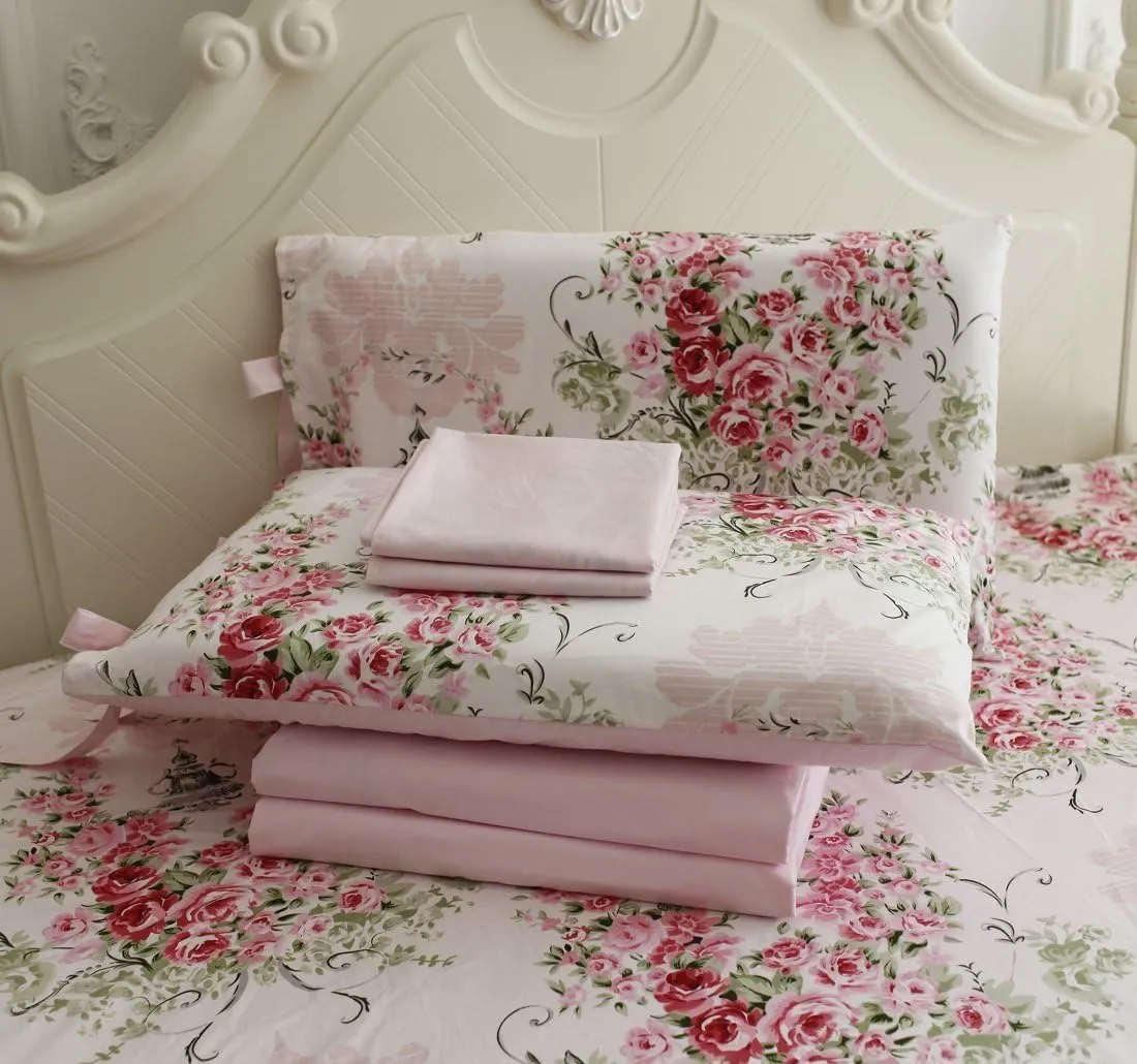 FADFAY Shabby Floral Bedding Set Full Size Sheet Set 4 Piece Premium 100% Cotton Pink Rose Pattern :1 Deep Pocket Fitted Sheet, 1Flat Sheet, 2 Pillowcases (Standard Size)