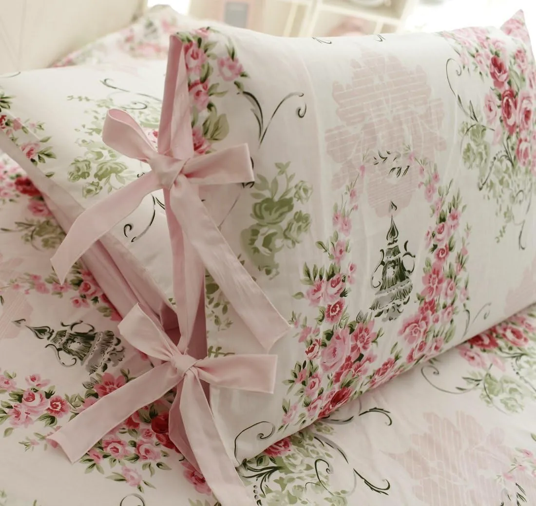 FADFAY Shabby Floral Bedding Set Full Size Sheet Set 4 Piece Premium 100% Cotton Pink Rose Pattern :1 Deep Pocket Fitted Sheet, 1Flat Sheet, 2 Pillowcases (Standard Size)