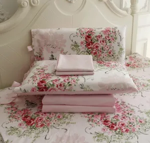 FADFAY Shabby Floral Bedding Set Full Size Sheet Set 4 Piece Premium 100% Cotton Pink Rose Pattern :1 Deep Pocket Fitted Sheet, 1Flat Sheet, 2 Pillowcases (Standard Size)