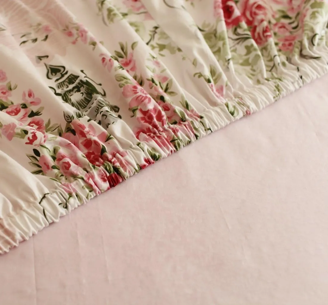 FADFAY Shabby Floral Bedding Set Full Size Sheet Set 4 Piece Premium 100% Cotton Pink Rose Pattern :1 Deep Pocket Fitted Sheet, 1Flat Sheet, 2 Pillowcases (Standard Size)