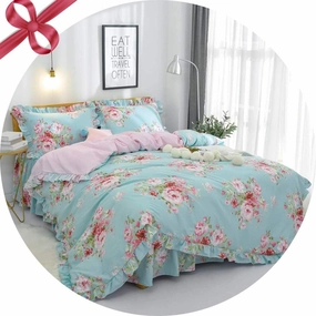 FADFAY Farmhouse Shabby Pink Floral Chic Bedding Set Rose Floral Bedskirt Set 100% Cotton Exquisite Craft Ultra Soft 4-Piece King Size