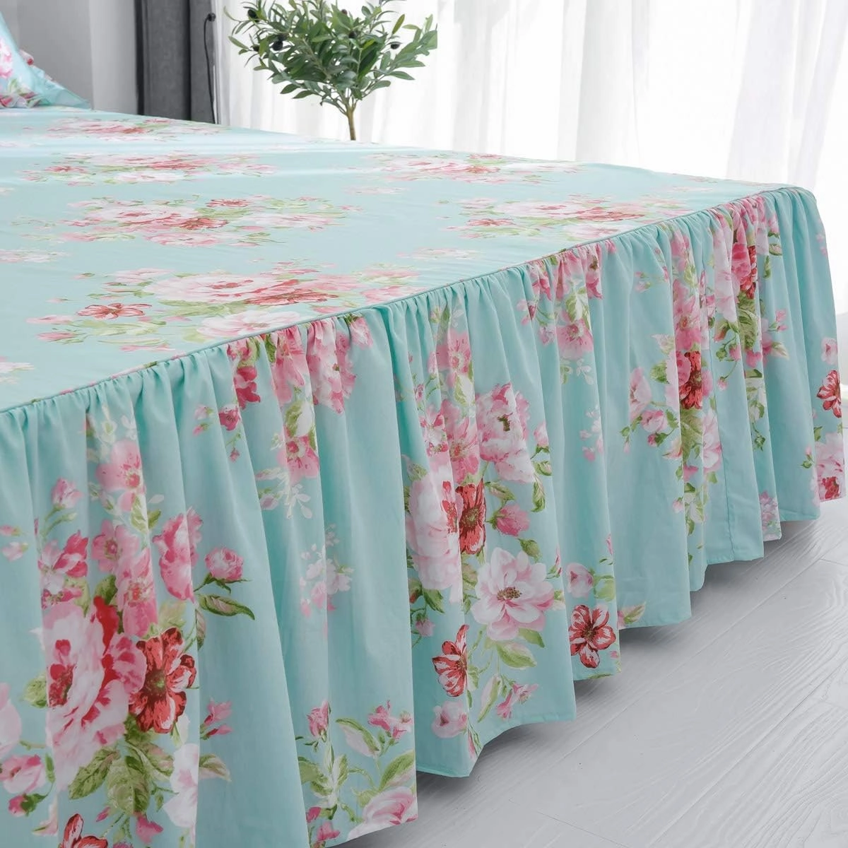 FADFAY Farmhouse Shabby Pink Floral Chic Bedding Set Rose Floral Bedskirt Set 100% Cotton Exquisite Craft Ultra Soft 4-Piece King Size