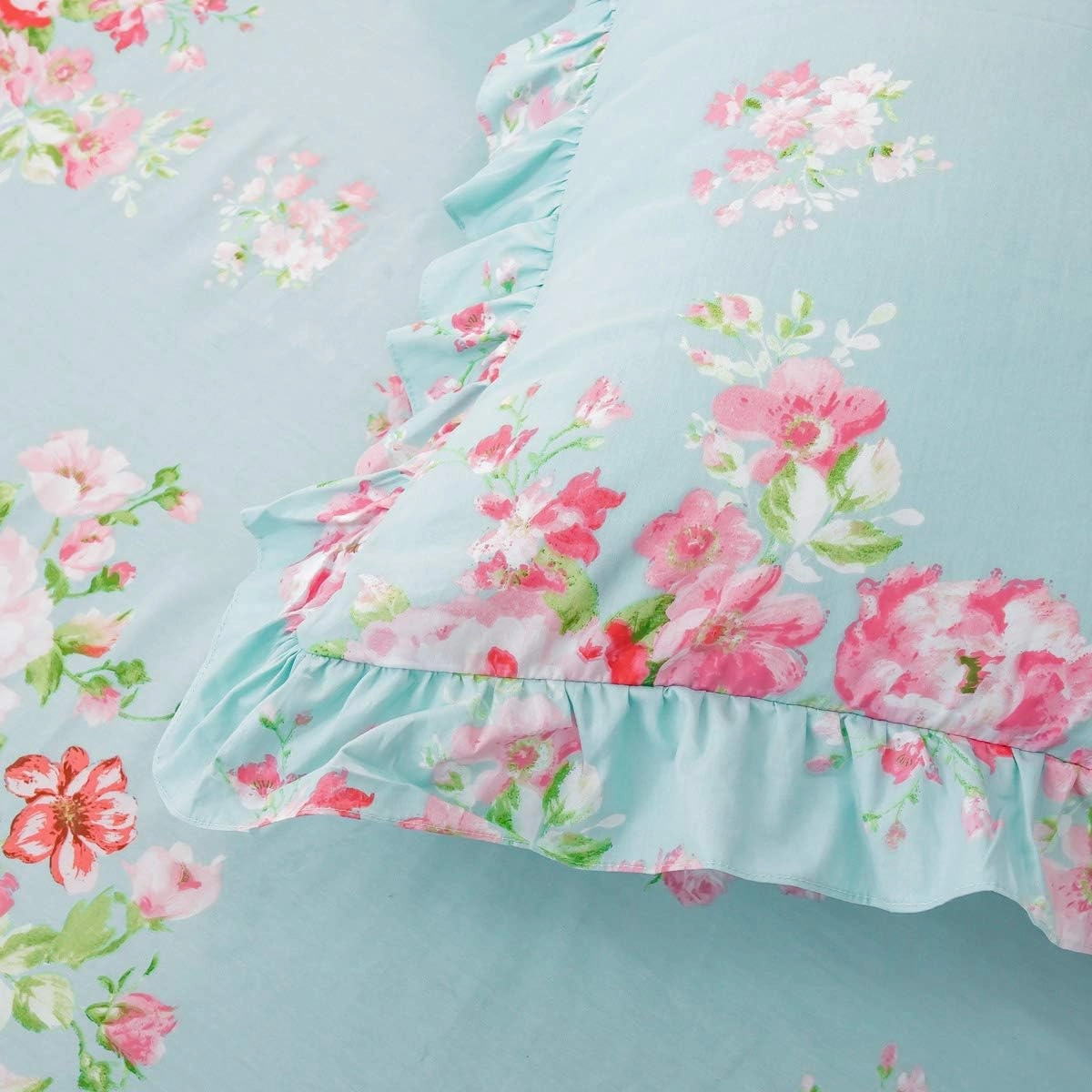FADFAY Farmhouse Shabby Pink Floral Chic Bedding Set Rose Floral Bedskirt Set 100% Cotton Exquisite Craft Ultra Soft 4-Piece King Size