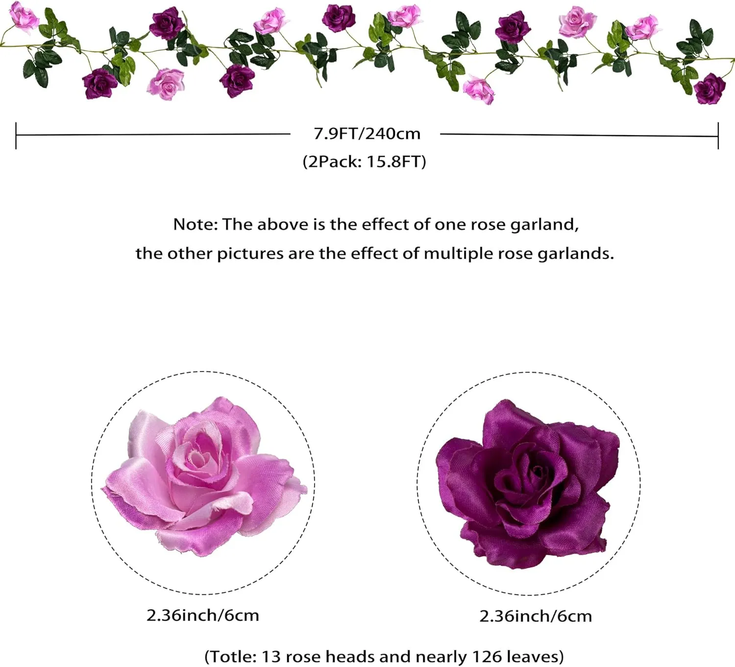 Fake Rose Garland 2 Pack, 15.8FT Artificial Flower Garlands Hanging Rose Vines Silk Flowers for Wedding Backdrop Home Garden Arch Party Decor (Fuchsia)