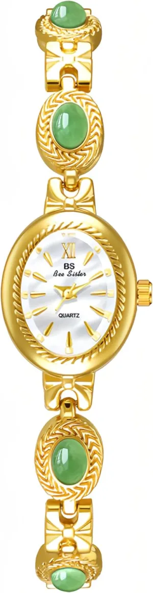 FANMIS Gold Tone Watches for Women with Small Vintage Bracelet Elegant Jade Oval Dial Dress Watch Fashion Quartz Wrist Watch Waterproof Watch