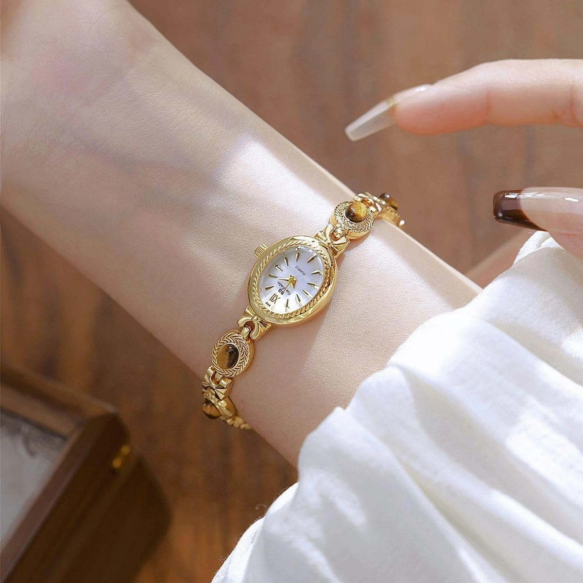 FANMIS Gold Tone Watches for Women with Small Vintage Bracelet Elegant Jade Oval Dial Dress Watch Fashion Quartz Wrist Watch Waterproof Watch