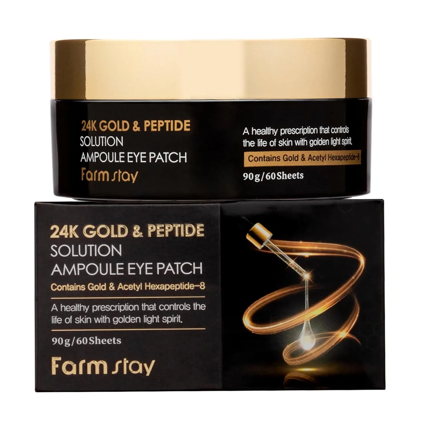 FARMSTAY 24K Gold and Peptide Solution Ampoule Eye Patch - Under Eye Patches for Wrinkles - Improves Skin Elasticity - Brightens Dark Circles - 60 pc