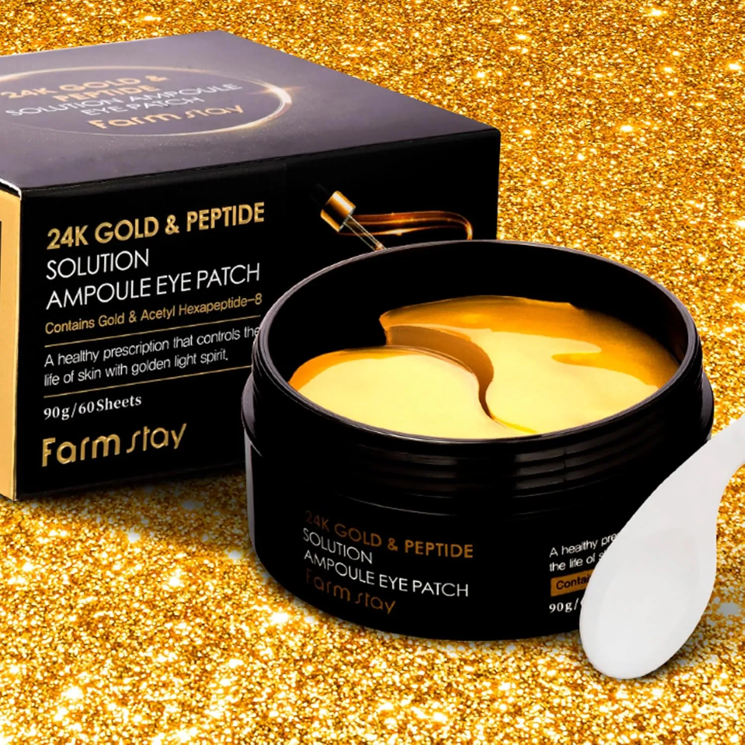 FARMSTAY 24K Gold and Peptide Solution Ampoule Eye Patch - Under Eye Patches for Wrinkles - Improves Skin Elasticity - Brightens Dark Circles - 60 pc