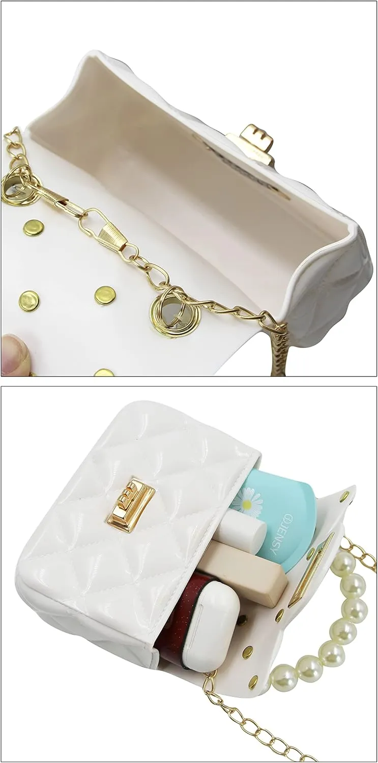 Fashion Candy Color Handbag Satchel Mini Pink Purse Jelly Shoulder Bag Crossbody Purse with Pearls Handle Chain Strap(Small)