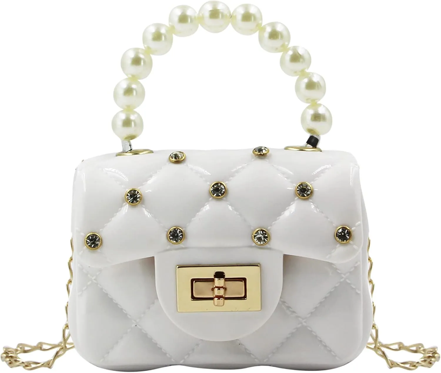 Fashion Candy Color Handbag Satchel Mini Pink Purse Jelly Shoulder Bag Crossbody Purse with Pearls Handle Chain Strap(Small)