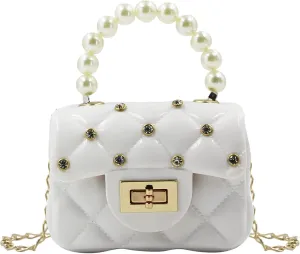 Fashion Candy Color Handbag Satchel Mini Pink Purse Jelly Shoulder Bag Crossbody Purse with Pearls Handle Chain Strap(Small)