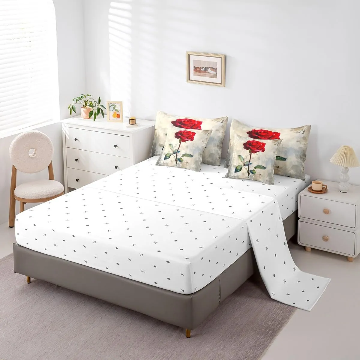 Feelyou Kids Rose Comforter Set with Sheets Full Size, Rose Floral Flower Bed in A Bag Boys Girls Garden Flower 7 Pieces Bedding Set Romantic Teens Bed Set Bedroom Decor 7Pcs