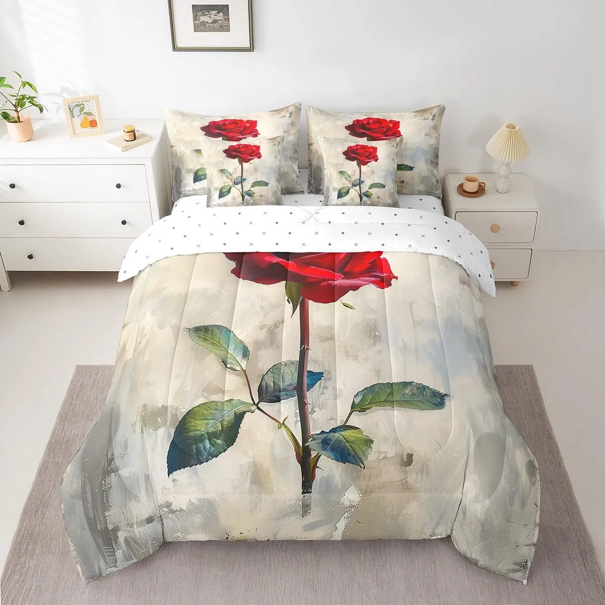 Feelyou Kids Rose Comforter Set with Sheets Full Size, Rose Floral Flower Bed in A Bag Boys Girls Garden Flower 7 Pieces Bedding Set Romantic Teens Bed Set Bedroom Decor 7Pcs