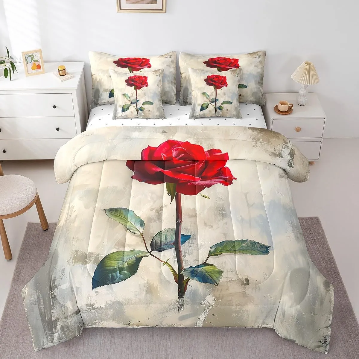 Feelyou Kids Rose Comforter Set with Sheets Full Size, Rose Floral Flower Bed in A Bag Boys Girls Garden Flower 7 Pieces Bedding Set Romantic Teens Bed Set Bedroom Decor 7Pcs