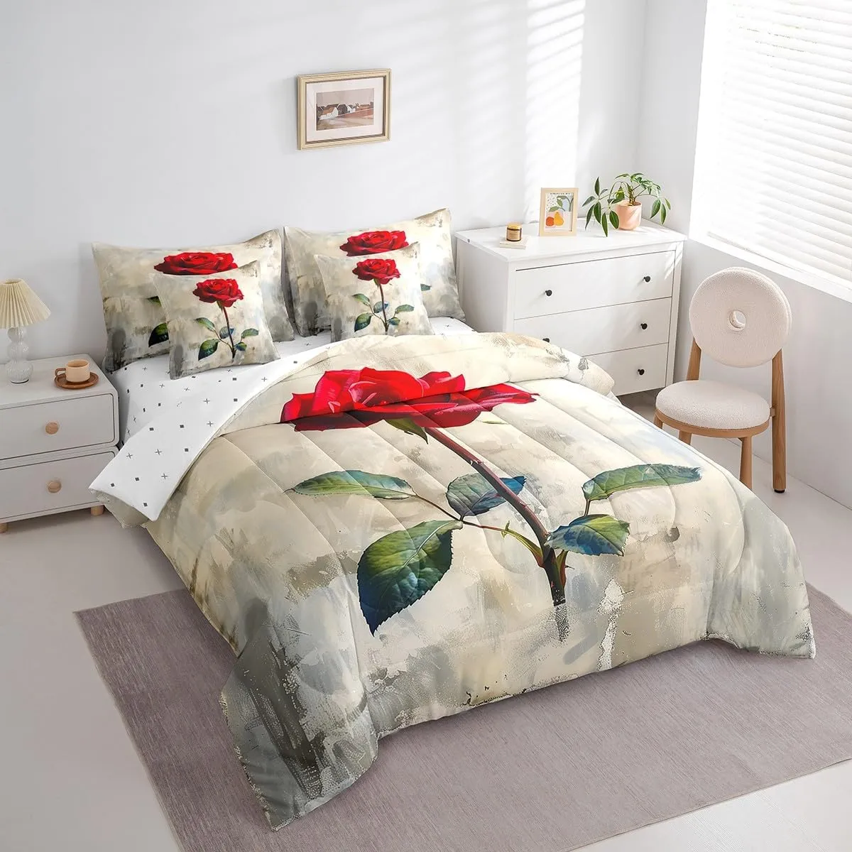 Feelyou Kids Rose Comforter Set with Sheets Full Size, Rose Floral Flower Bed in A Bag Boys Girls Garden Flower 7 Pieces Bedding Set Romantic Teens Bed Set Bedroom Decor 7Pcs