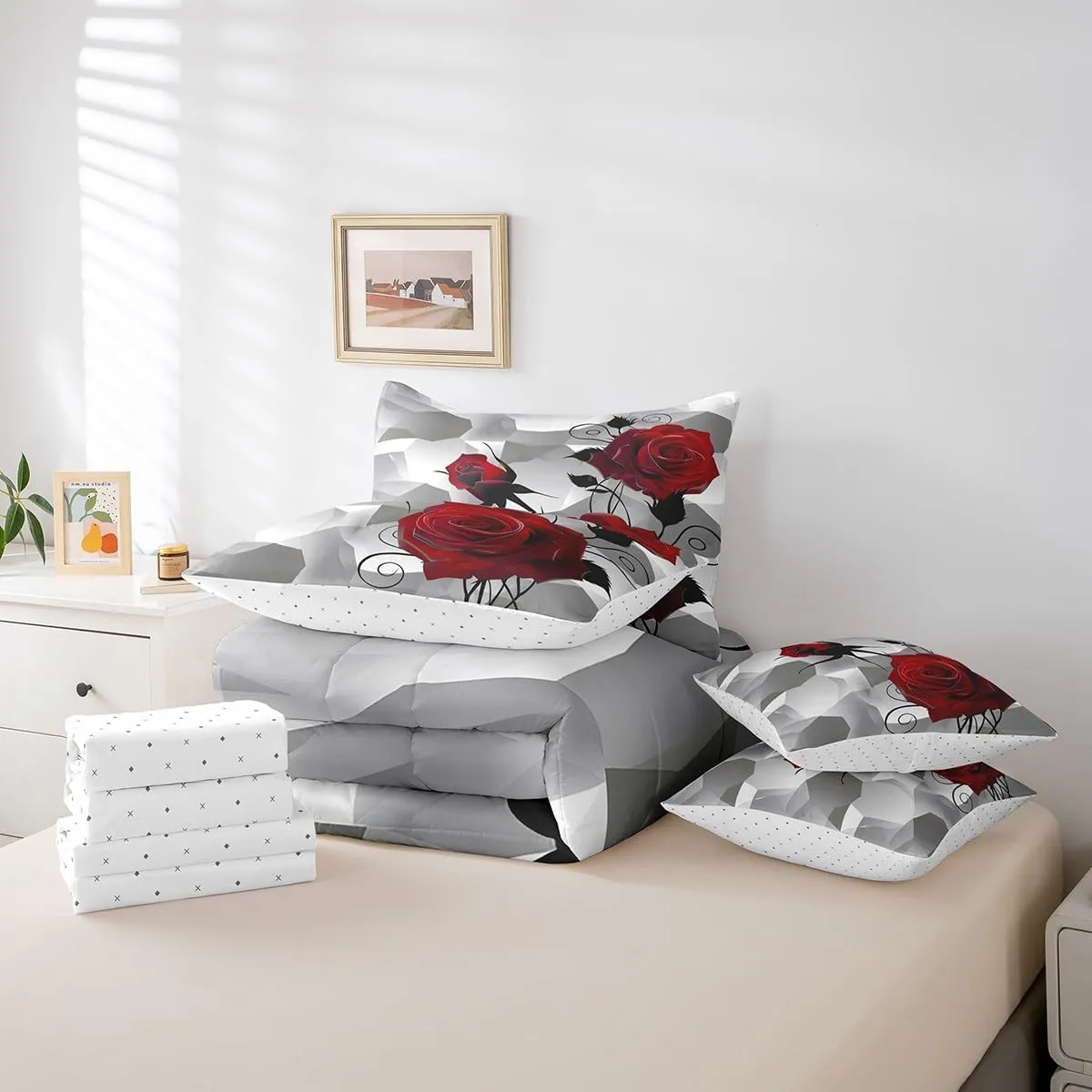 Feelyou Rose Comforter Set Queen Size 7 Pieces, Girls Women Romantic Rose Floral Bedding Set for All Season, Red Flower Bed in a Bag with Comforter, Sheets, Pillowcases & Cushion Cover