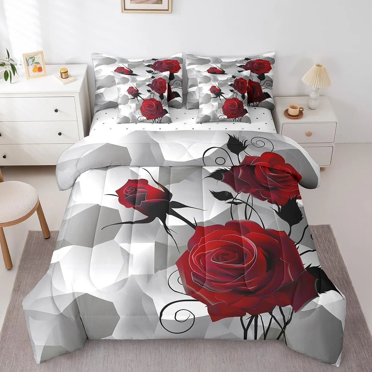 Feelyou Rose Comforter Set Queen Size 7 Pieces, Girls Women Romantic Rose Floral Bedding Set for All Season, Red Flower Bed in a Bag with Comforter, Sheets, Pillowcases & Cushion Cover