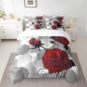 Feelyou Rose Comforter Set Queen Size 7 Pieces, Girls Women Romantic Rose Floral Bedding Set for All Season, Red Flower Bed in a Bag with Comforter, Sheets, Pillowcases & Cushion Cover