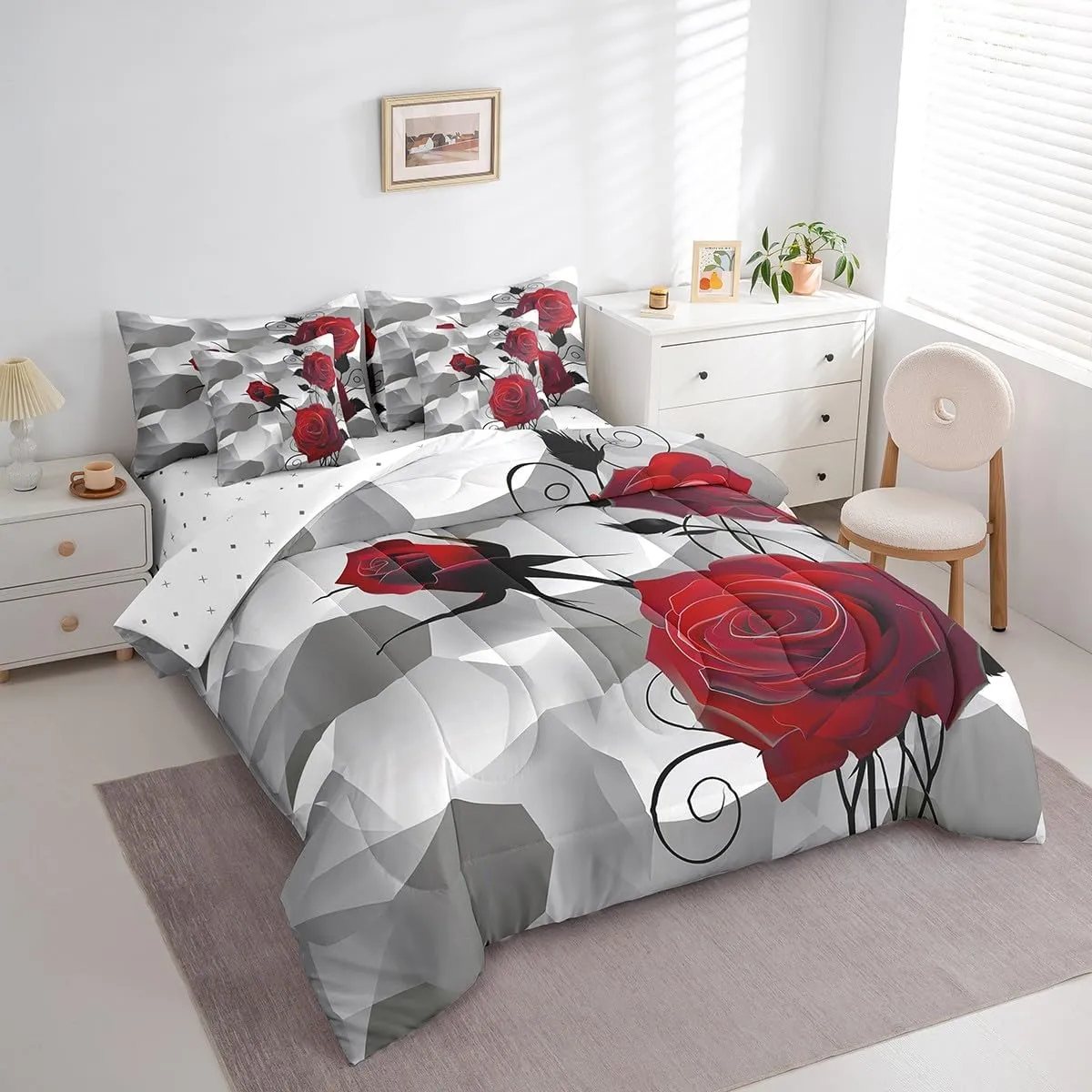 Feelyou Rose Comforter Set Queen Size 7 Pieces, Girls Women Romantic Rose Floral Bedding Set for All Season, Red Flower Bed in a Bag with Comforter, Sheets, Pillowcases & Cushion Cover