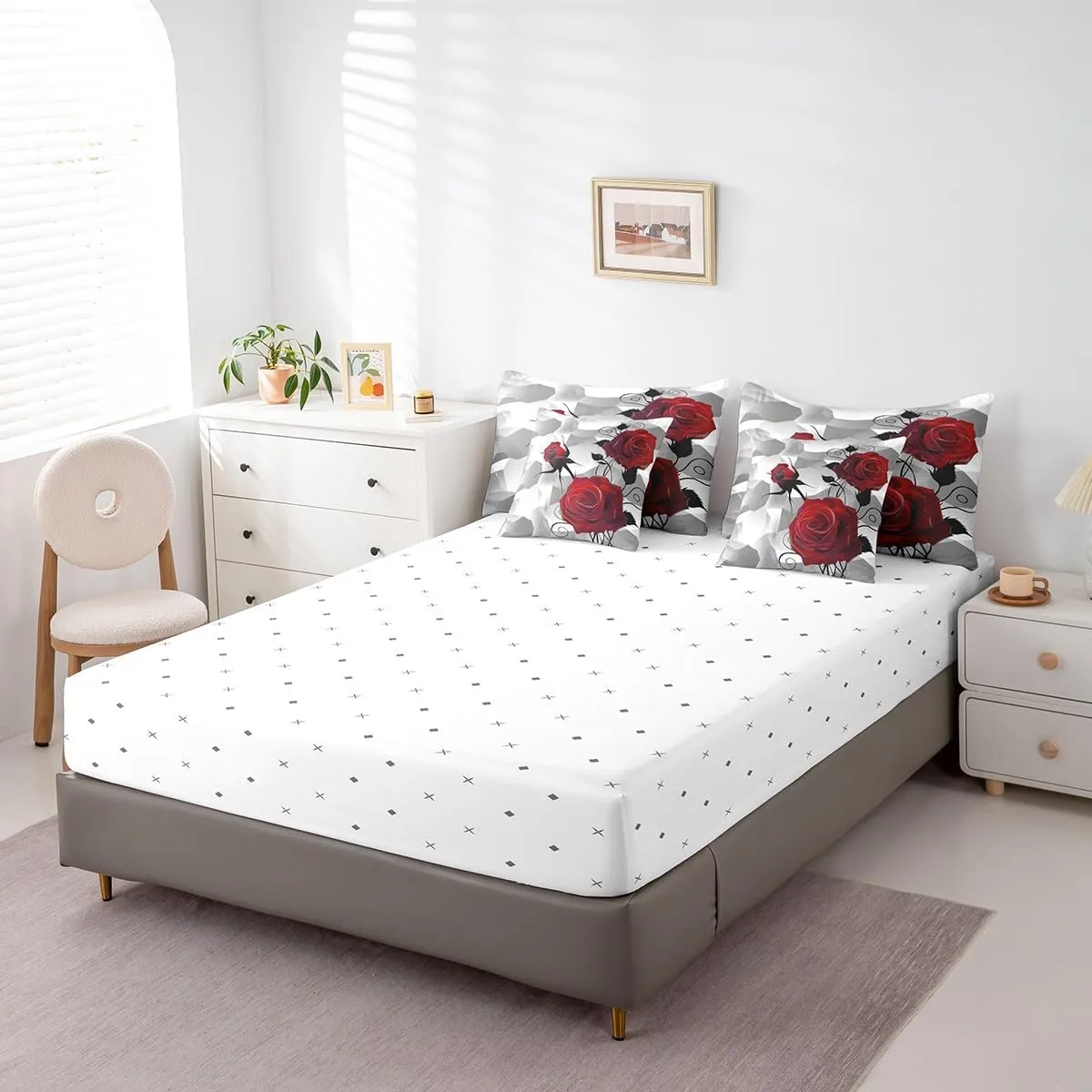 Feelyou Rose Comforter Set Queen Size 7 Pieces, Girls Women Romantic Rose Floral Bedding Set for All Season, Red Flower Bed in a Bag with Comforter, Sheets, Pillowcases & Cushion Cover