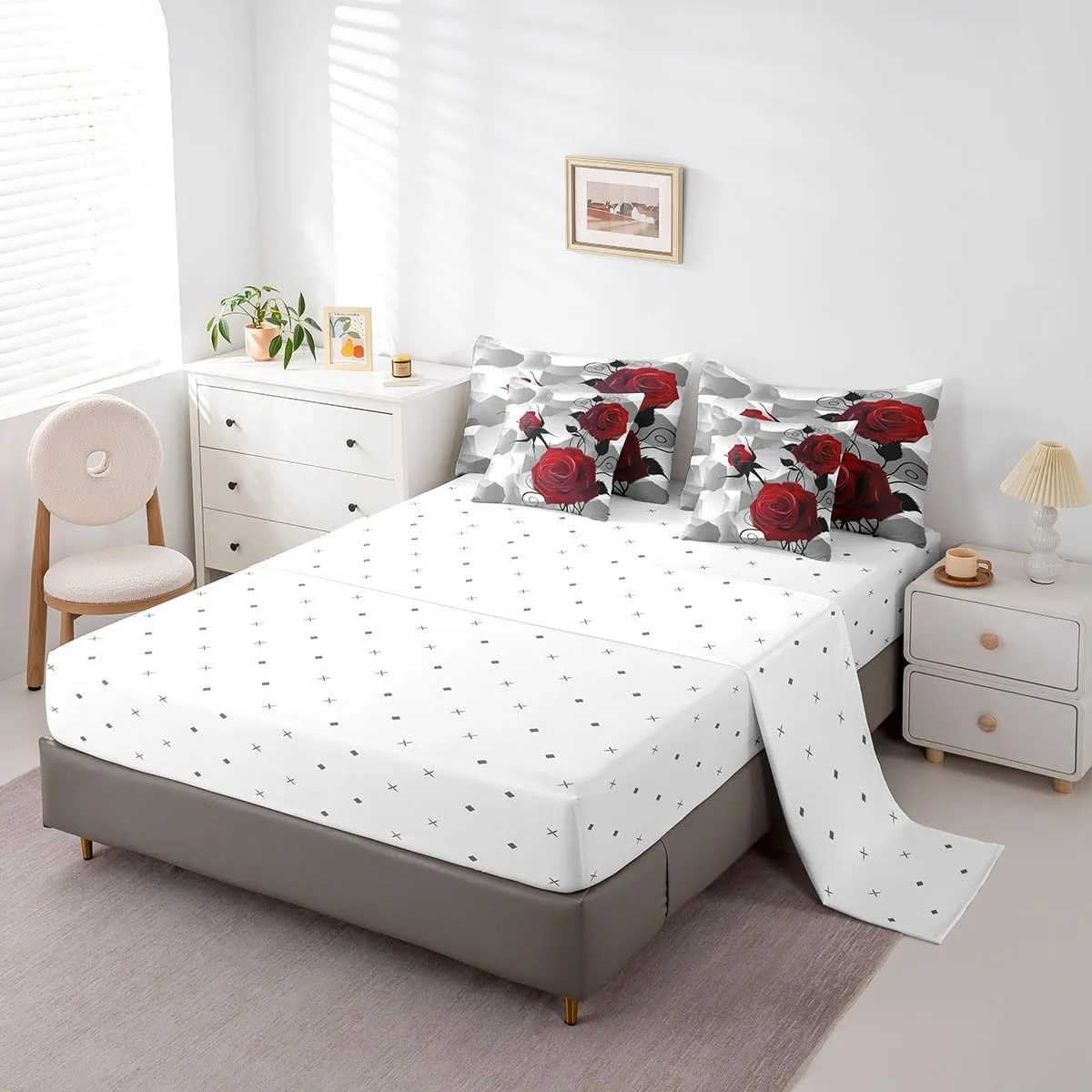 Feelyou Rose Comforter Set Queen Size 7 Pieces, Girls Women Romantic Rose Floral Bedding Set for All Season, Red Flower Bed in a Bag with Comforter, Sheets, Pillowcases & Cushion Cover