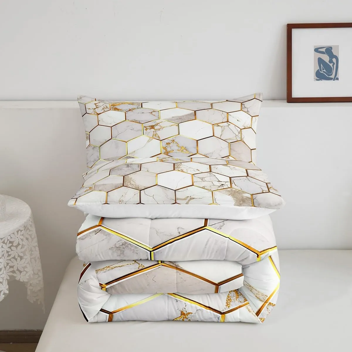 Feelyou White Gold Comforter Set King Size, Geometric Honeycomb Bedding Sets Hexagon Gold Trim Bed Sets, Ultra Soft Lightweight Bed in A Bag for Women Men
