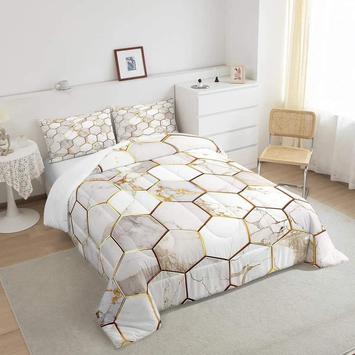 Feelyou White Gold Comforter Set King Size, Geometric Honeycomb Bedding Sets Hexagon Gold Trim Bed Sets, Ultra Soft Lightweight Bed in A Bag for Women Men
