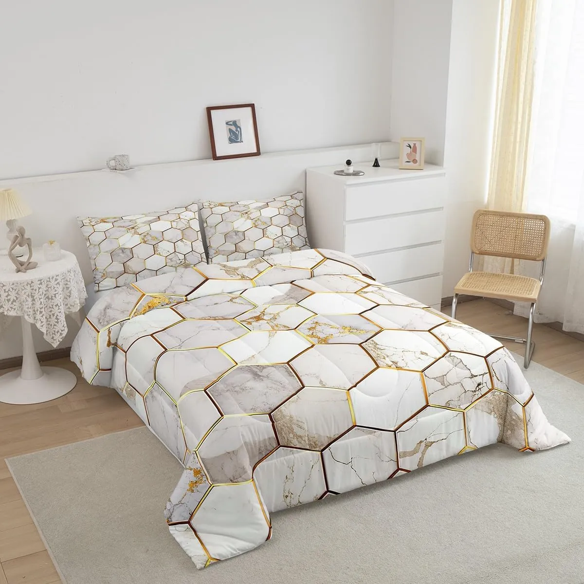 Feelyou White Gold Comforter Set King Size, Geometric Honeycomb Bedding Sets Hexagon Gold Trim Bed Sets, Ultra Soft Lightweight Bed in A Bag for Women Men