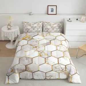Feelyou White Gold Comforter Set King Size, Geometric Honeycomb Bedding Sets Hexagon Gold Trim Bed Sets, Ultra Soft Lightweight Bed in A Bag for Women Men