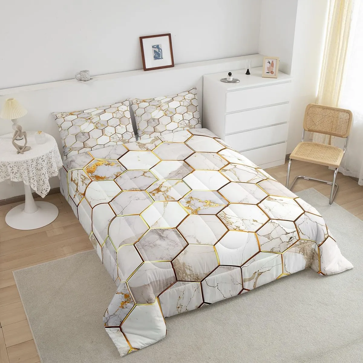 Feelyou White Gold Comforter Set King Size, Geometric Honeycomb Bedding Sets Hexagon Gold Trim Bed Sets, Ultra Soft Lightweight Bed in A Bag for Women Men