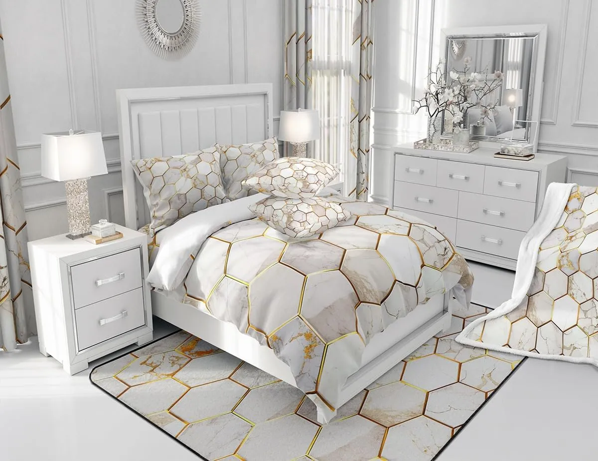 Feelyou White Gold Comforter Set King Size, Geometric Honeycomb Bedding Sets Hexagon Gold Trim Bed Sets, Ultra Soft Lightweight Bed in A Bag for Women Men