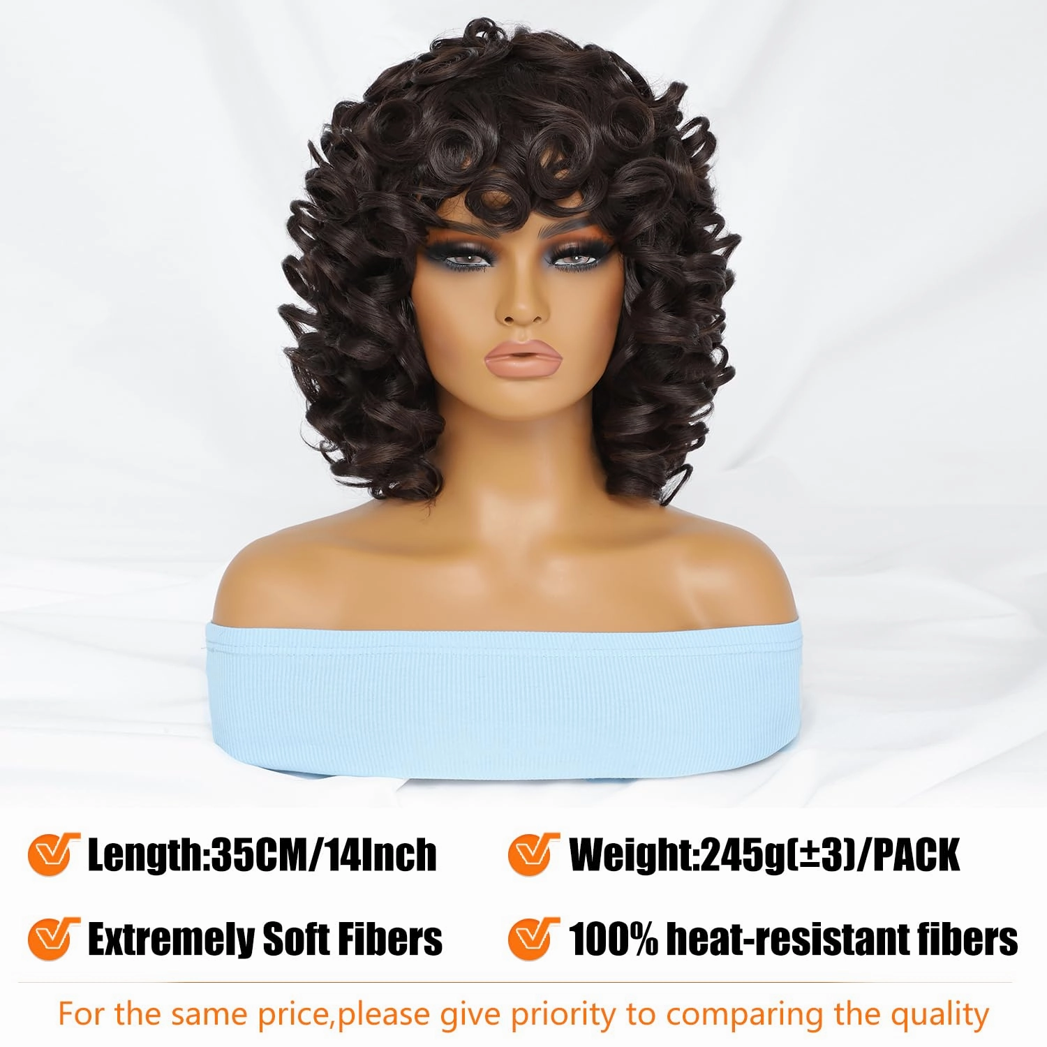 Felek Short Loose Curly Wigs with Bangs for Women Big Bouncy Curl Wigs Synthetic Heat Resistant Soft Afro Gluless Wig Natural Cute Wig for Women (14 Inch, #4)