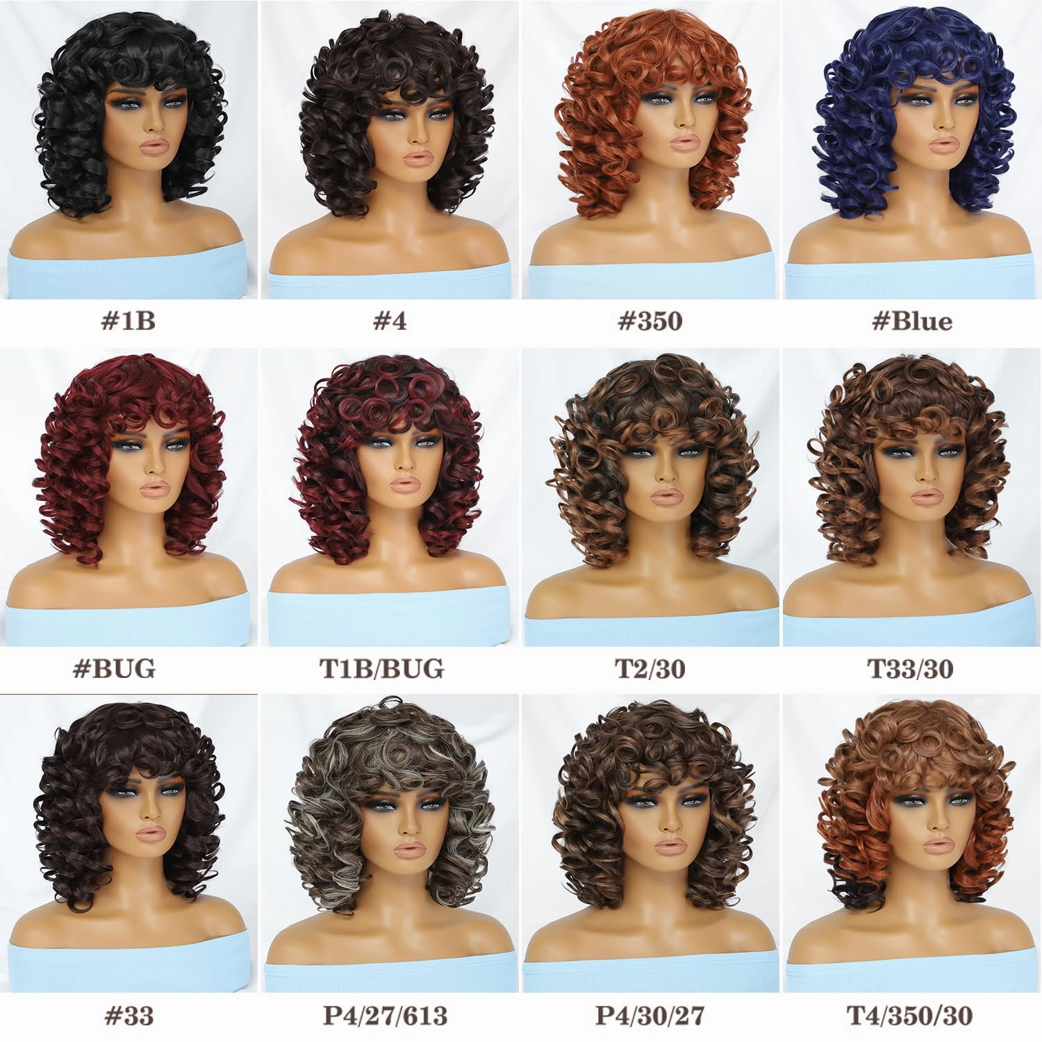 Felek Short Loose Curly Wigs with Bangs for Women Big Bouncy Curl Wigs Synthetic Heat Resistant Soft Afro Gluless Wig Natural Cute Wig for Women (14 Inch, #4)
