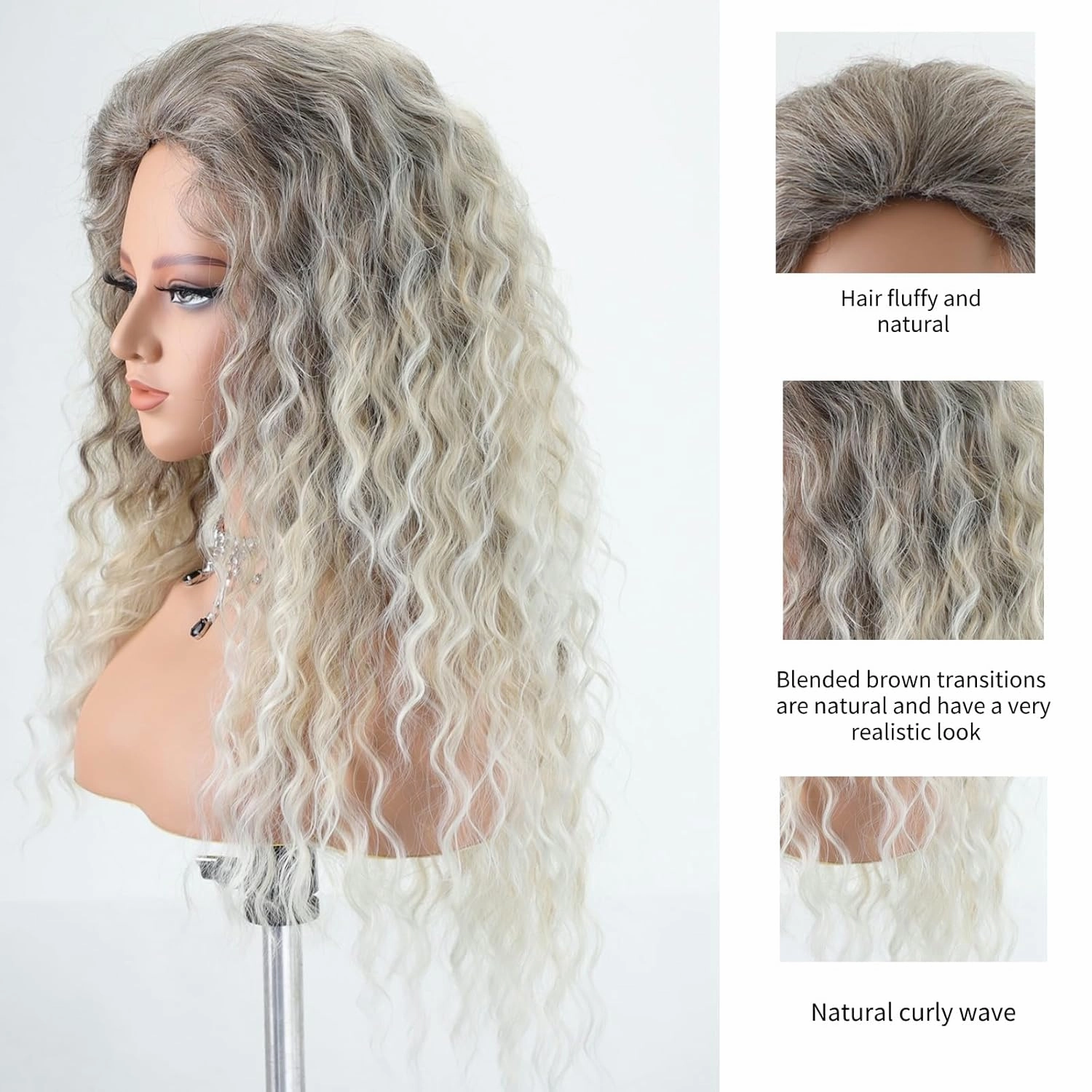 Fencca Ash Blonde Long Curly Wigs for Women Ombre Color Heat Synthetic Curly Wig Mix Blonde Curly Wavy Wig Layered Natural Daily Party Wig