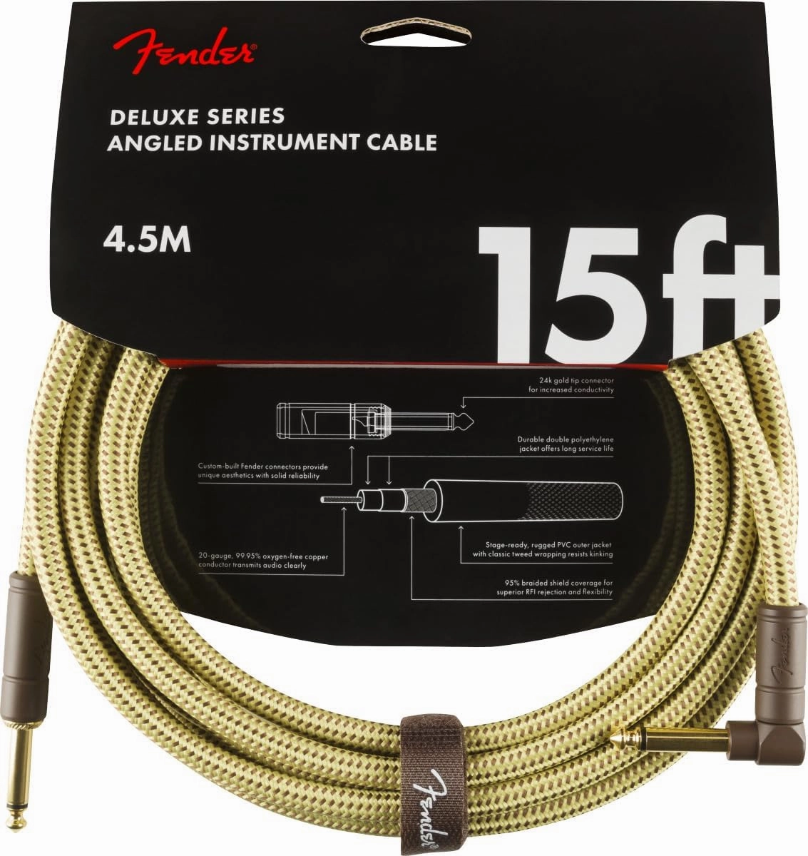 Fender Deluxe Series Instrument Cable, Guitar Cable, Guitar Accessories, Straight/Angle, Tweed, 15ft