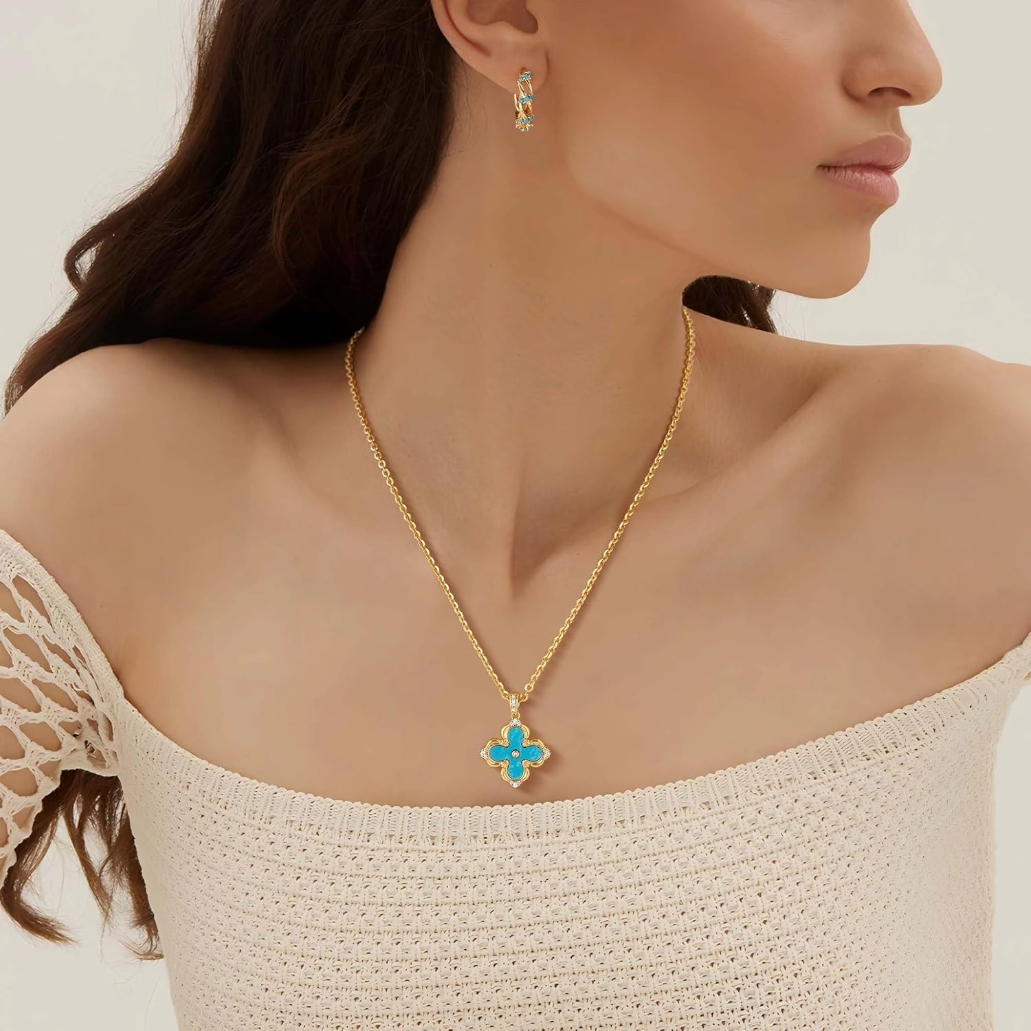 Fettero Dainty Gold Necklace for Women - Double Sided Pendant Necklace 14K Gold Plated Charm Clover Necklace Jewelry for Valentine's Day