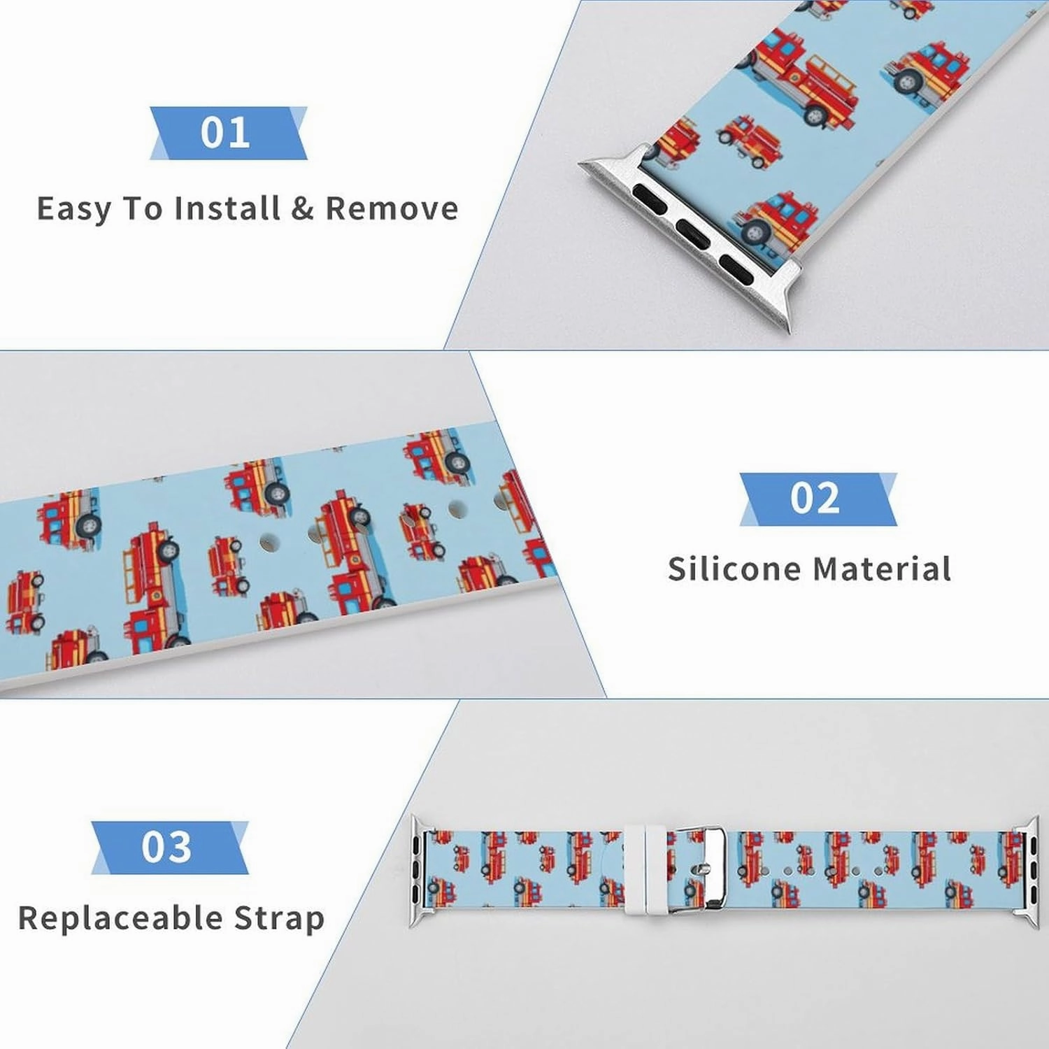 Fire Truck Pattern Adjustable Silicone Watchband Compatible with IWatch Classic Soft Sports Watch Strap for Men Women