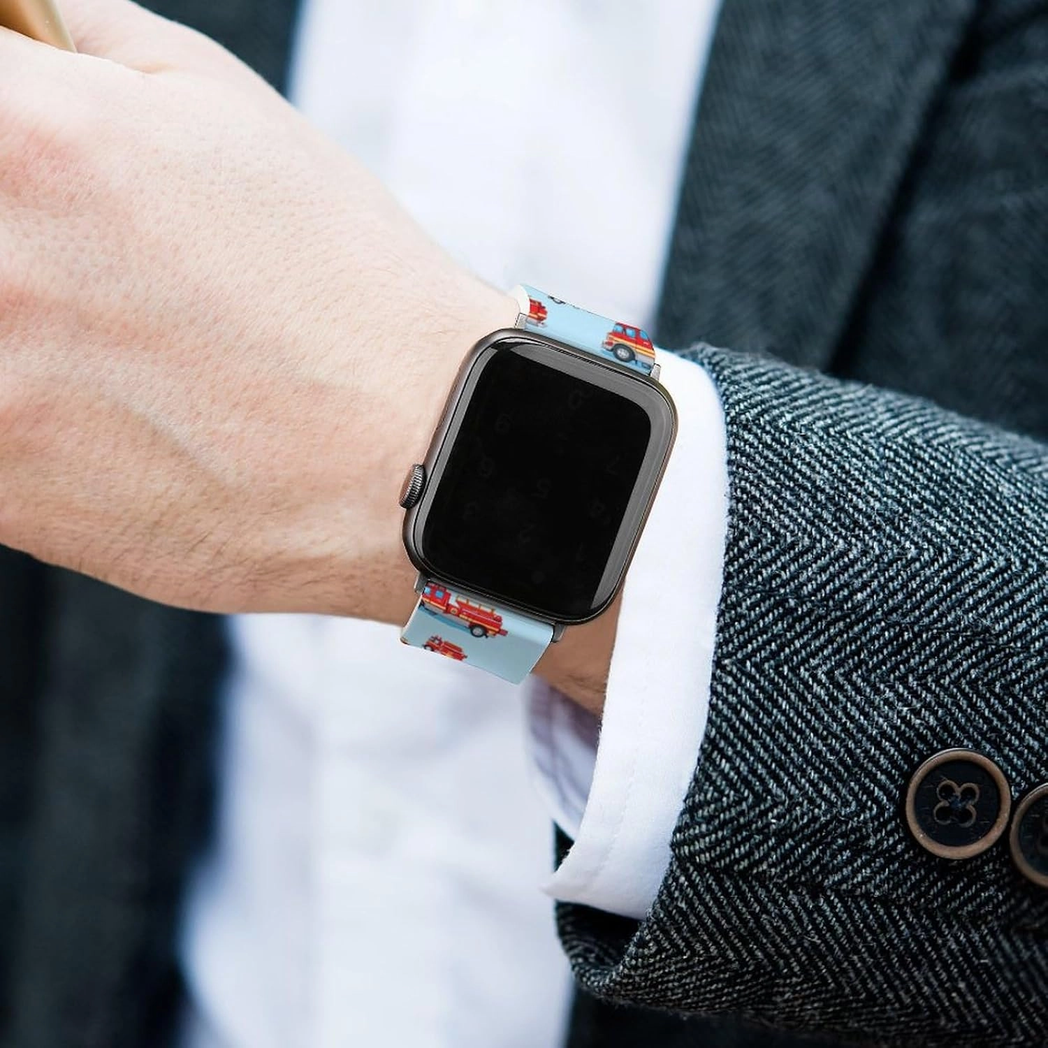 Fire Truck Pattern Adjustable Silicone Watchband Compatible with IWatch Classic Soft Sports Watch Strap for Men Women