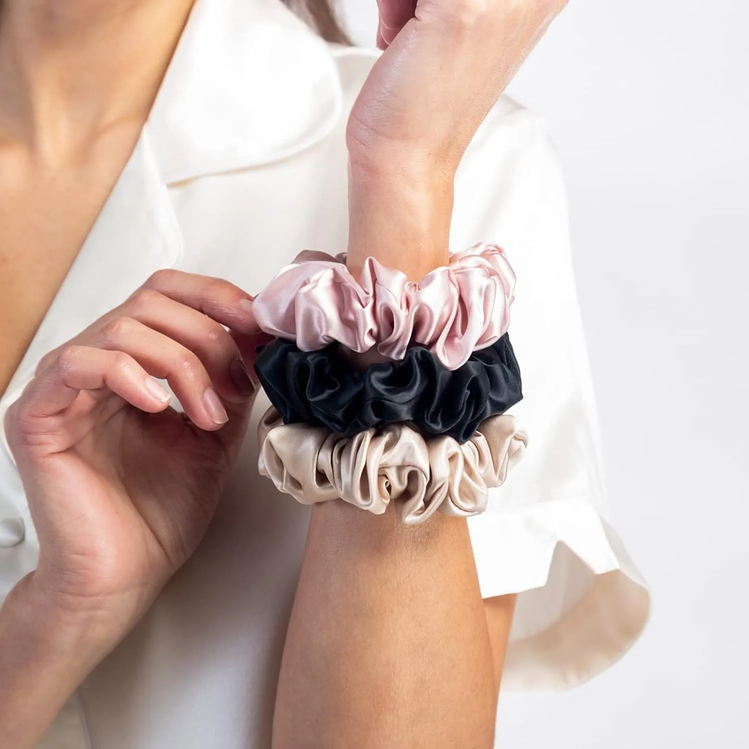 Fishers Finery 25 Momme 100% Pure Mulberry Silk Large Scrunchies, Stylish Hair Ties (Black|Pink|Taupe, 3 Pk)