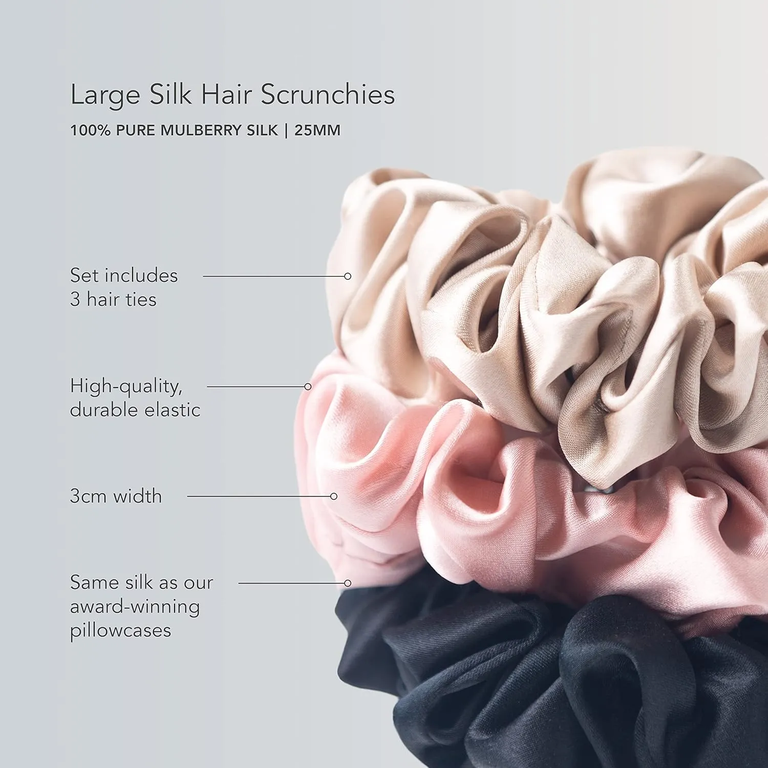 Fishers Finery 25 Momme 100% Pure Mulberry Silk Large Scrunchies, Stylish Hair Ties (Black|Pink|Taupe, 3 Pk)