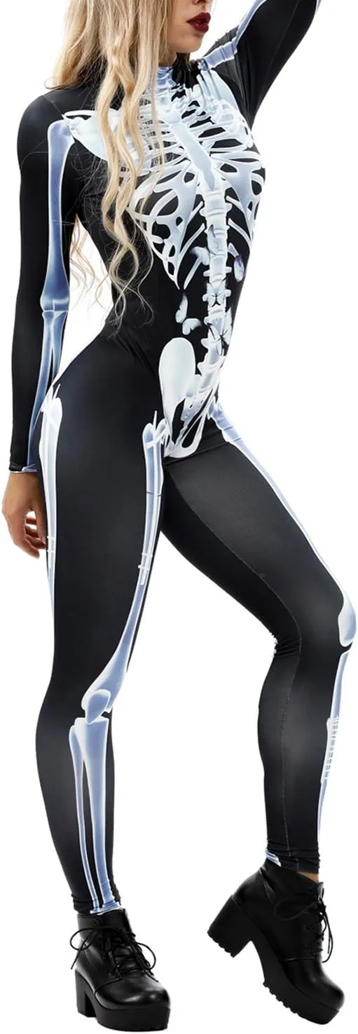 Fixmatti Women Halloween Party Costume Skull Print Long Sleeve Jumpsuit Outfit