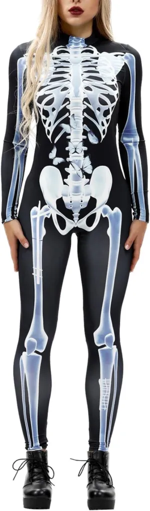 Fixmatti Women Halloween Party Costume Skull Print Long Sleeve Jumpsuit Outfit