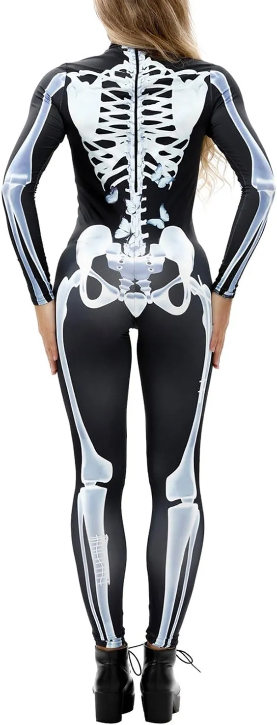 Fixmatti Women Halloween Party Costume Skull Print Long Sleeve Jumpsuit Outfit