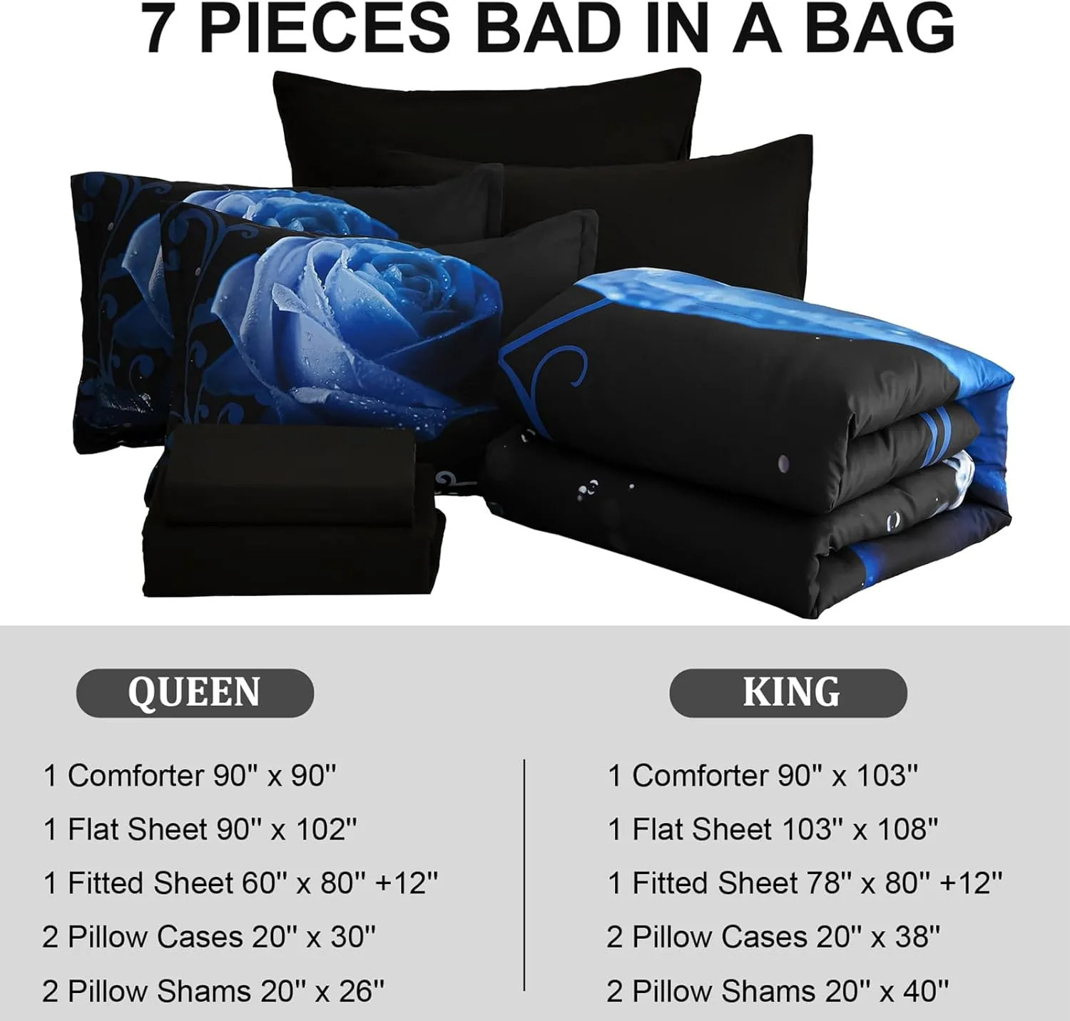 Floral Comforter King Blue Bed in a Bag Rose Water Droplets Design 7PCs Comforter Set Soft Micorfiber Bedding Set (1 Comforter,2 Pillow Shams,1 Flat Sheet,1 Fitted Sheet,2 Pillowcases)