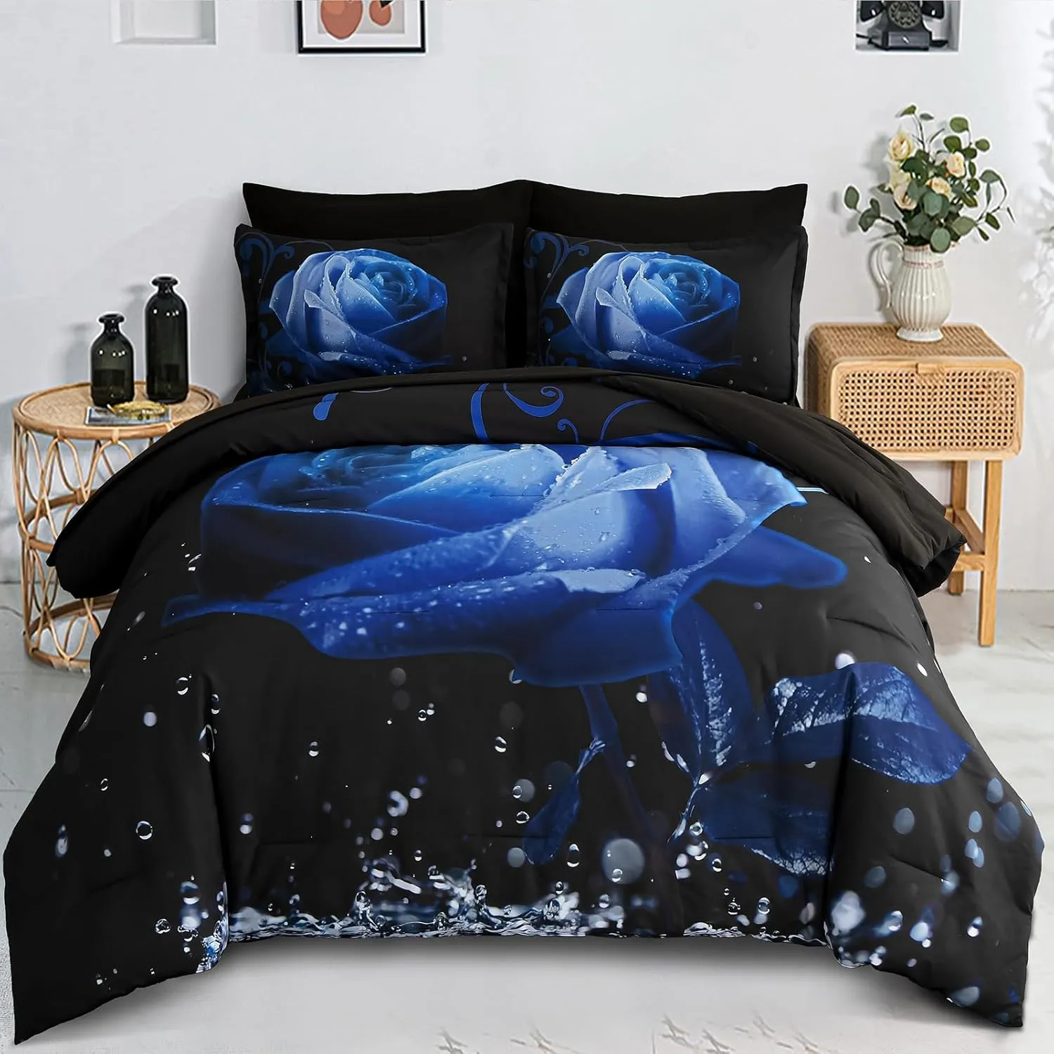 Floral Comforter King Blue Bed in a Bag Rose Water Droplets Design 7PCs Comforter Set Soft Micorfiber Bedding Set (1 Comforter,2 Pillow Shams,1 Flat Sheet,1 Fitted Sheet,2 Pillowcases)