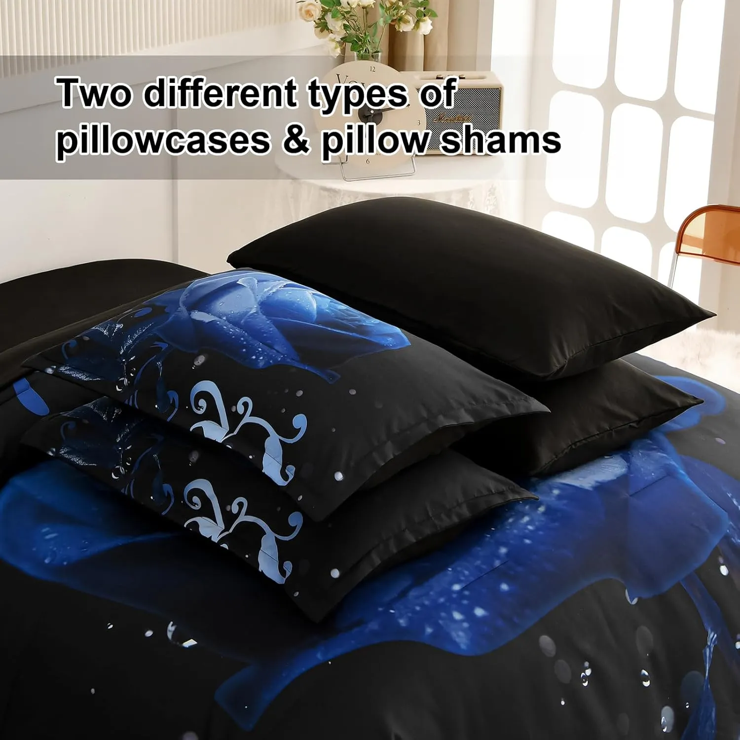 Floral Comforter King Blue Bed in a Bag Rose Water Droplets Design 7PCs Comforter Set Soft Micorfiber Bedding Set (1 Comforter,2 Pillow Shams,1 Flat Sheet,1 Fitted Sheet,2 Pillowcases)